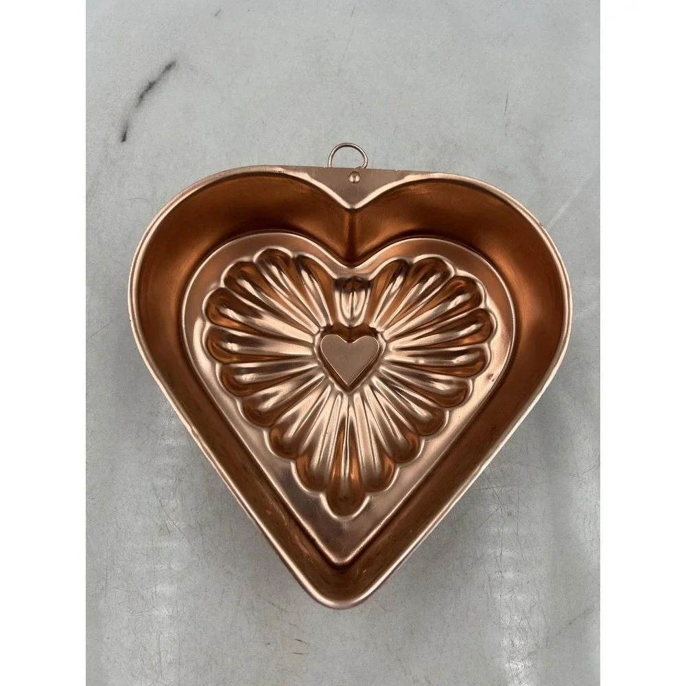 Vintage Copper Heart Shaped Fluted Cake Jello Mold Wall Decor Hanging Loop